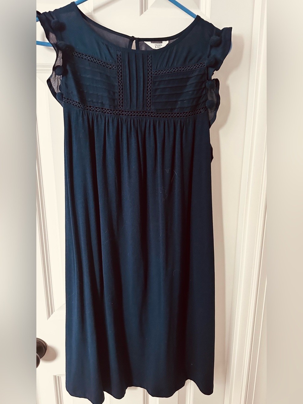 Navy Dress with flutter sleeves & Pom-pom details
